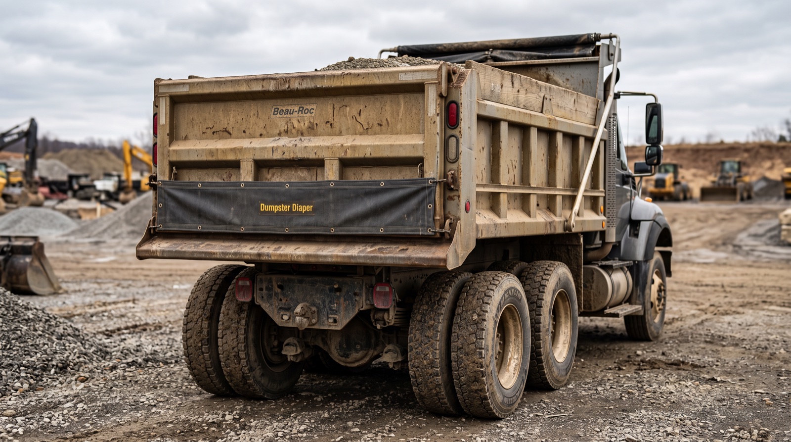 A dump truck with The Dumpster Diaper containment band installed across the rear, sealing the tailgate gap