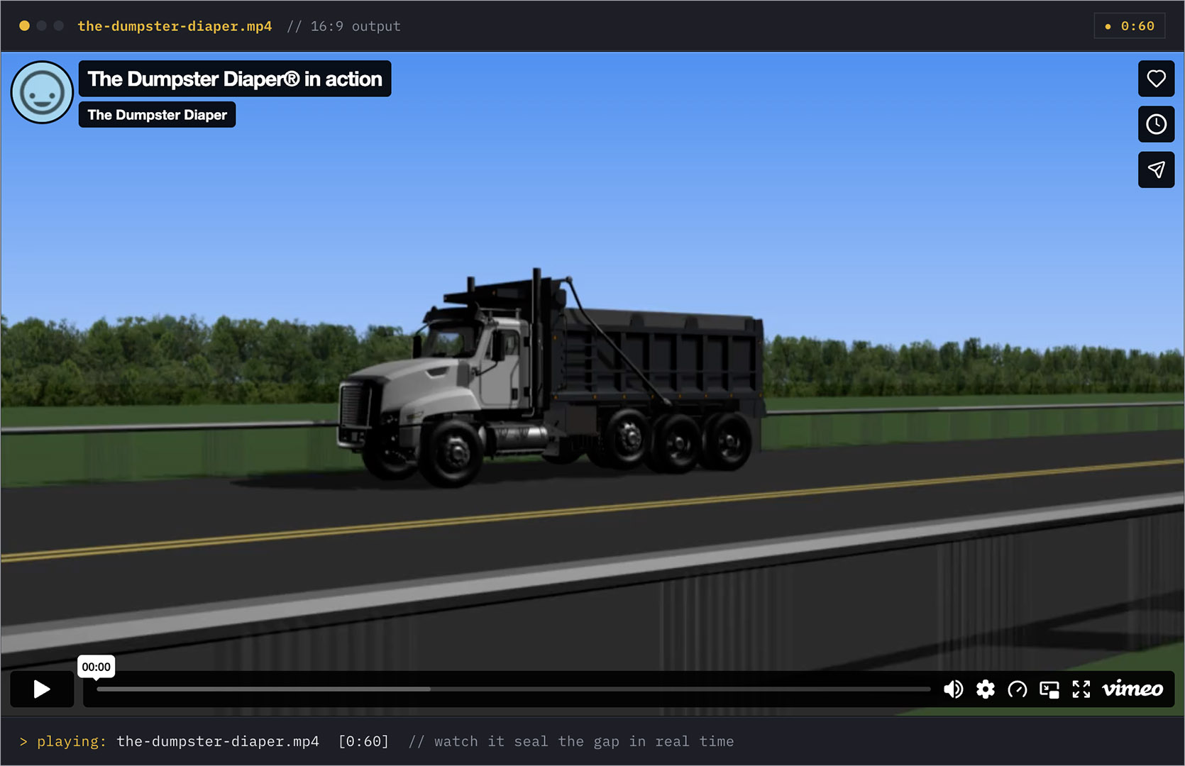 The Dumpster Diaper installed on a dump truck, first frame of the video